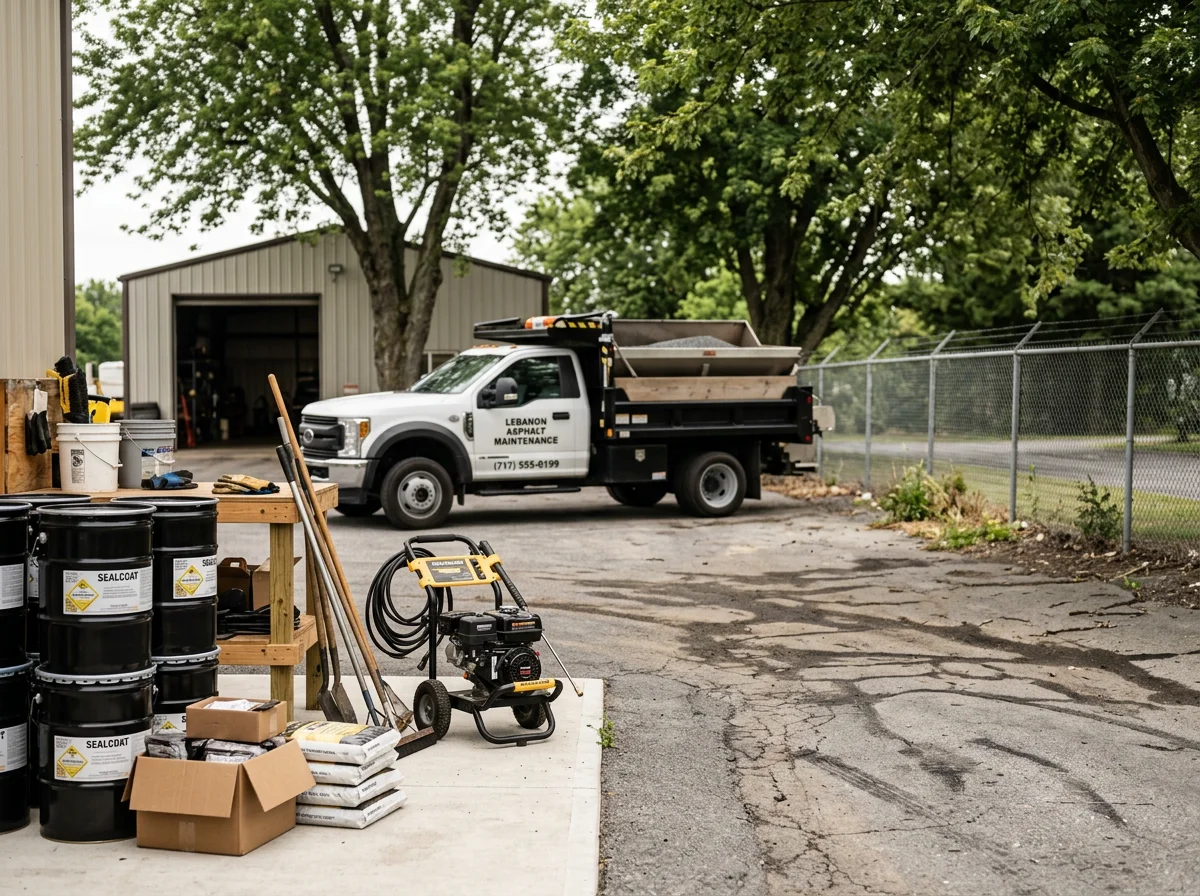 Professional asphalt maintenance crew with seal coating and repair equipment ready for driveway and parking lot work.