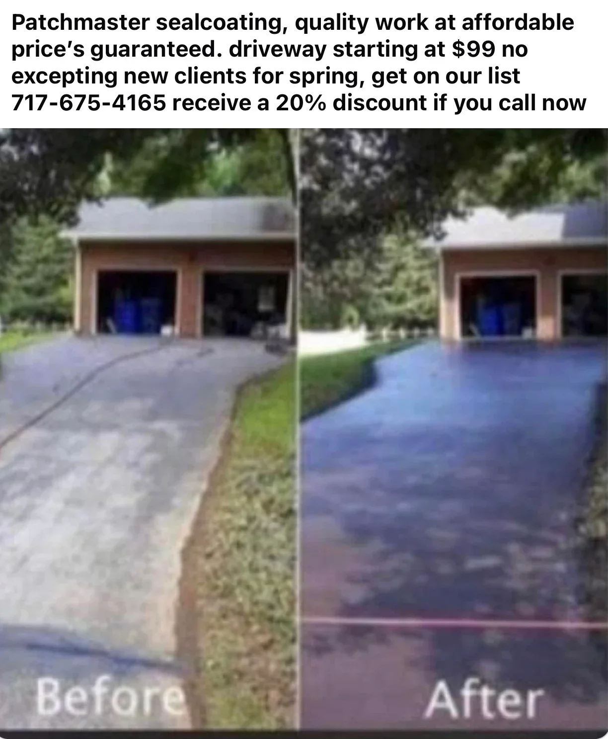 Driveway before and after sealcoating application, showing weathered asphalt restored to dark finish