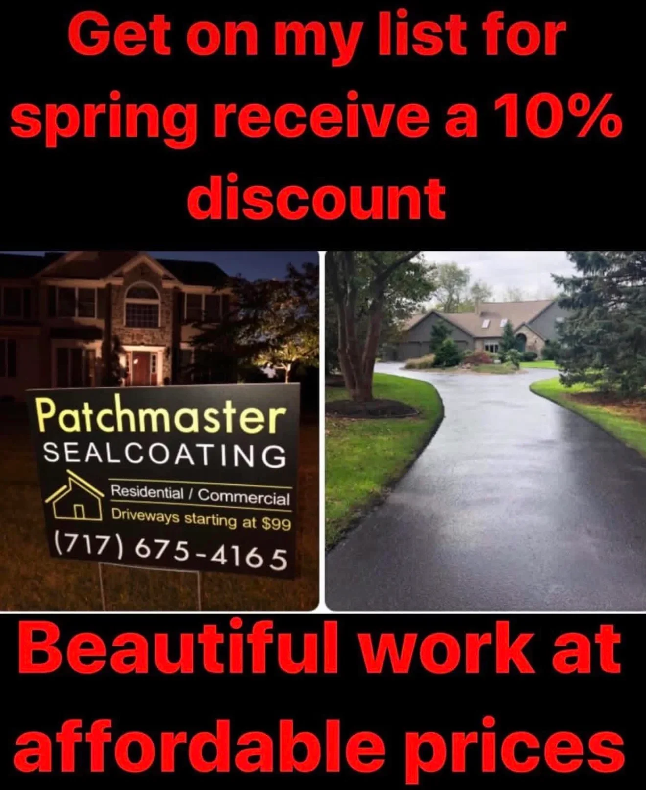 Sealed asphalt driveway with dark protective coating and manicured lawn borders