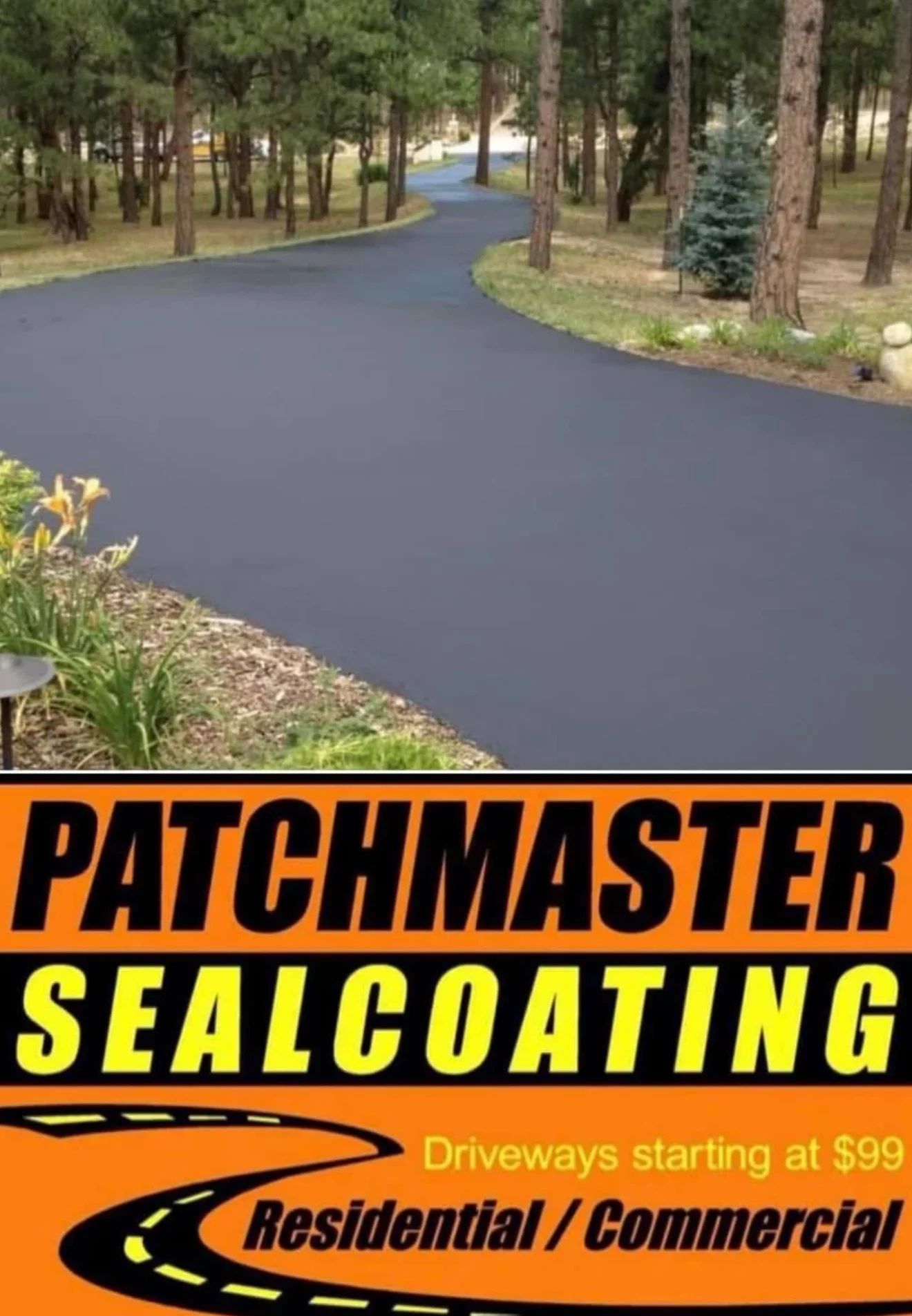 Freshly sealcoated curved asphalt driveway with dark finish and clean edges among pine trees