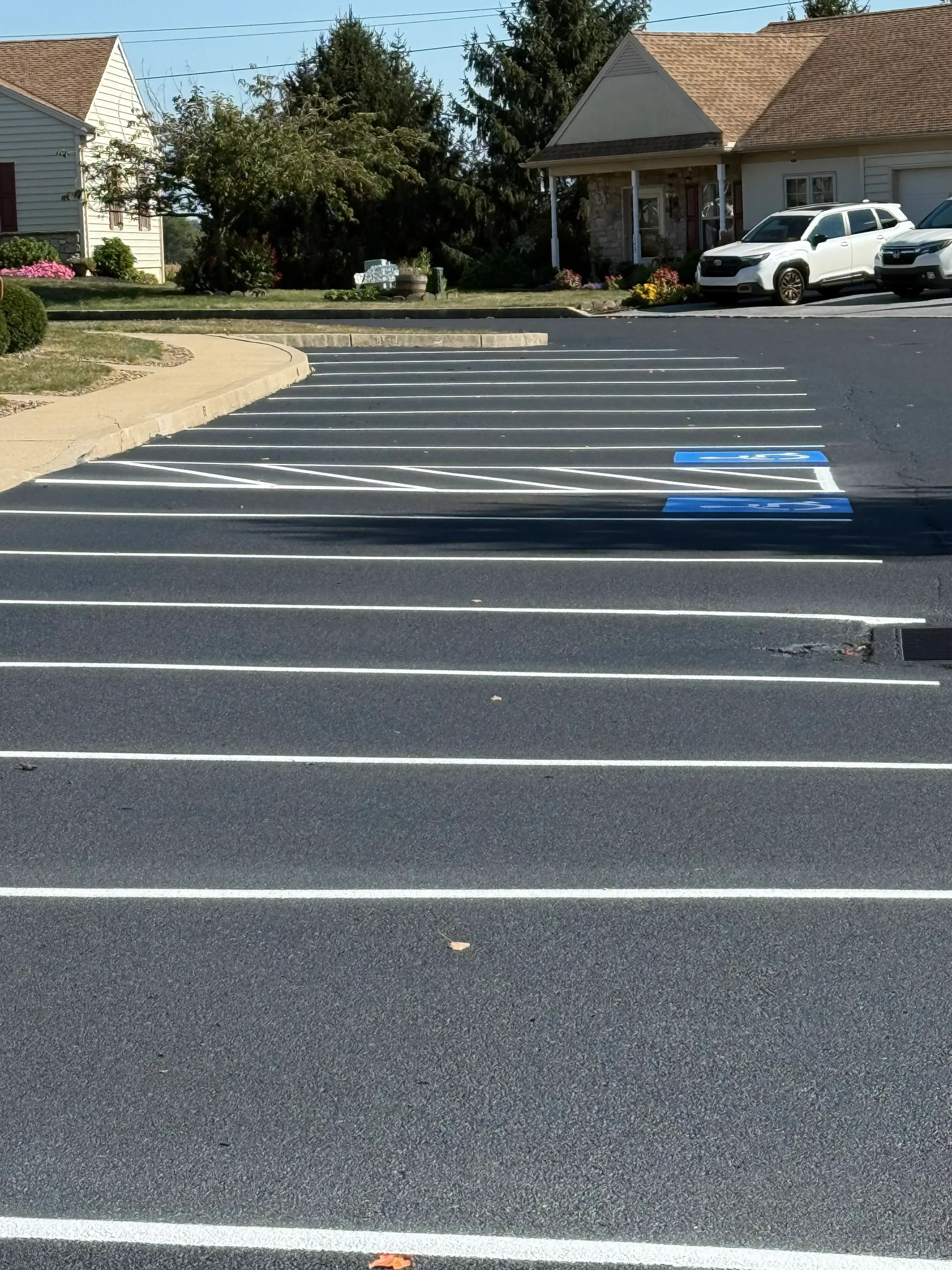 Sealed asphalt parking lot with white stripe markings and parking spaces