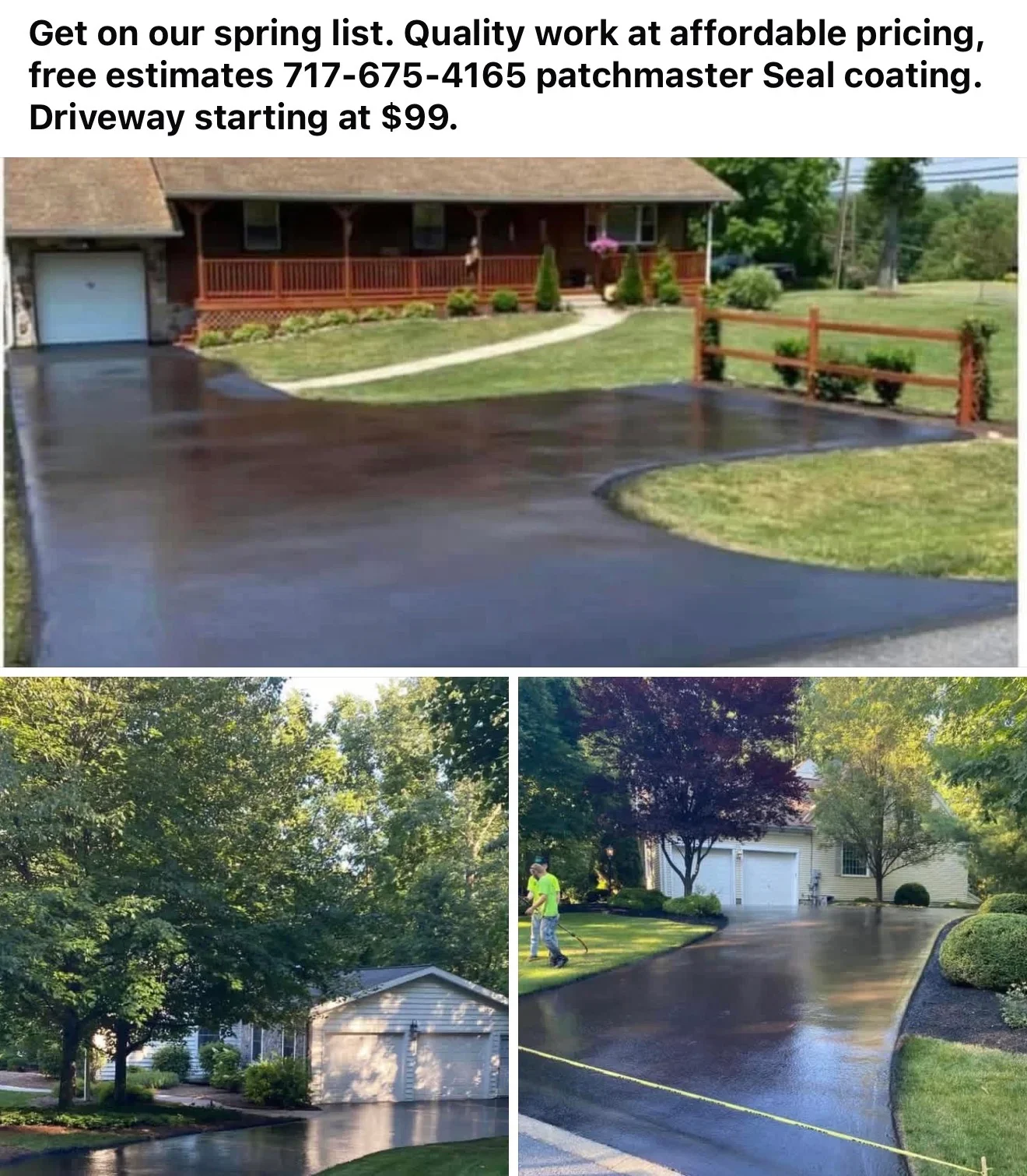Newly sealed asphalt driveway with dark finish and clean edges bordering landscaped lawn