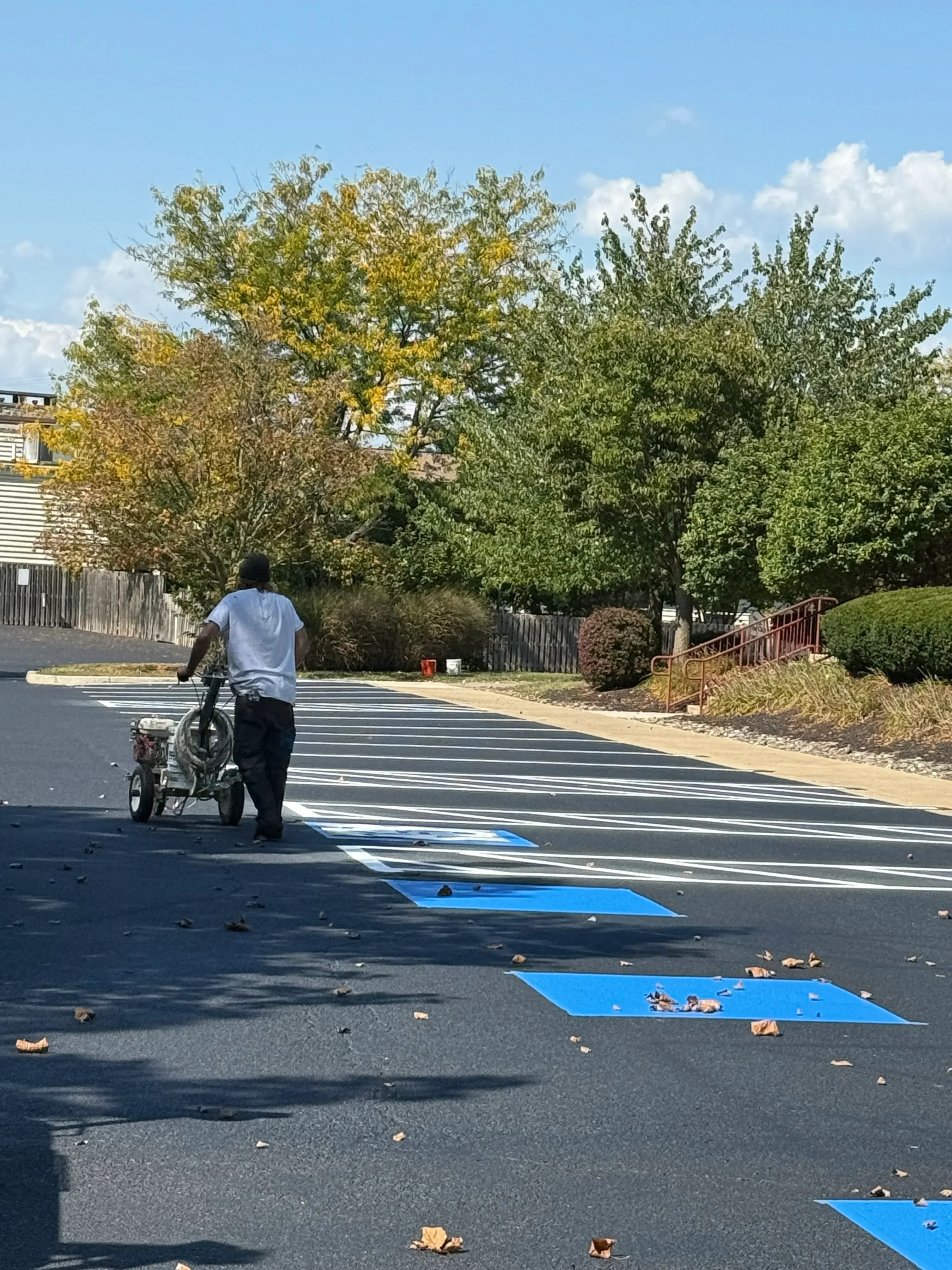 Sealed asphalt parking lot with fresh blue stripe markings and white line paint