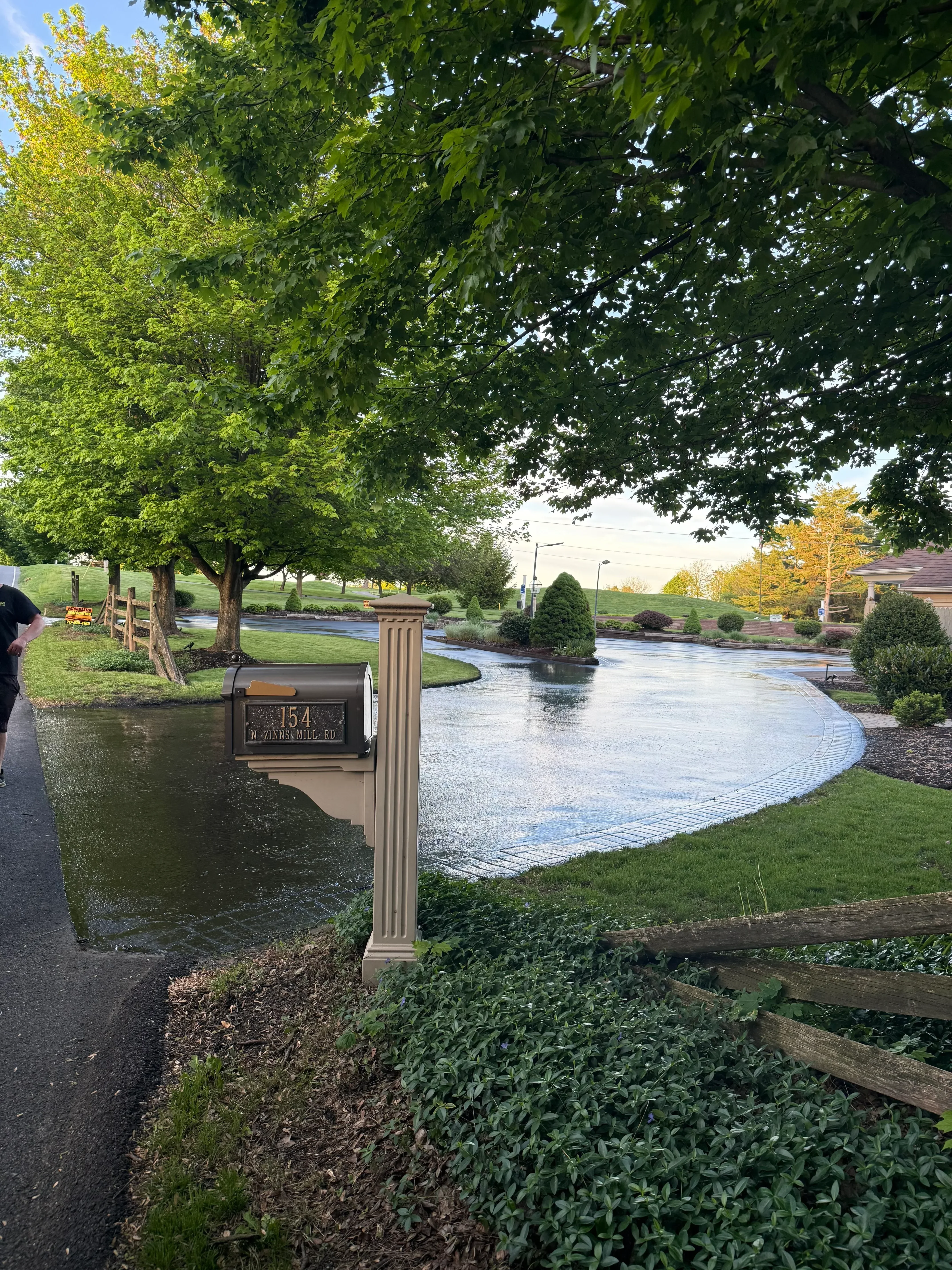 Sealed asphalt driveway with dark protective coating, bordered by green lawn and mature trees