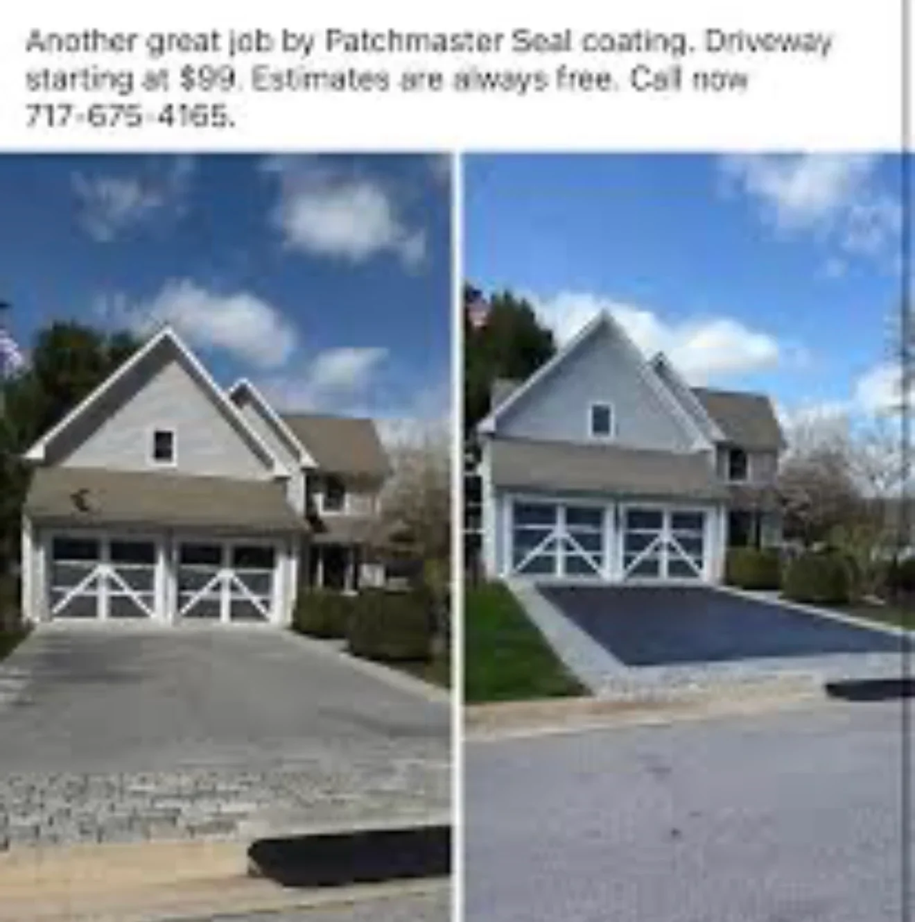Residential driveway before and after seal coating treatment showing restored asphalt surface