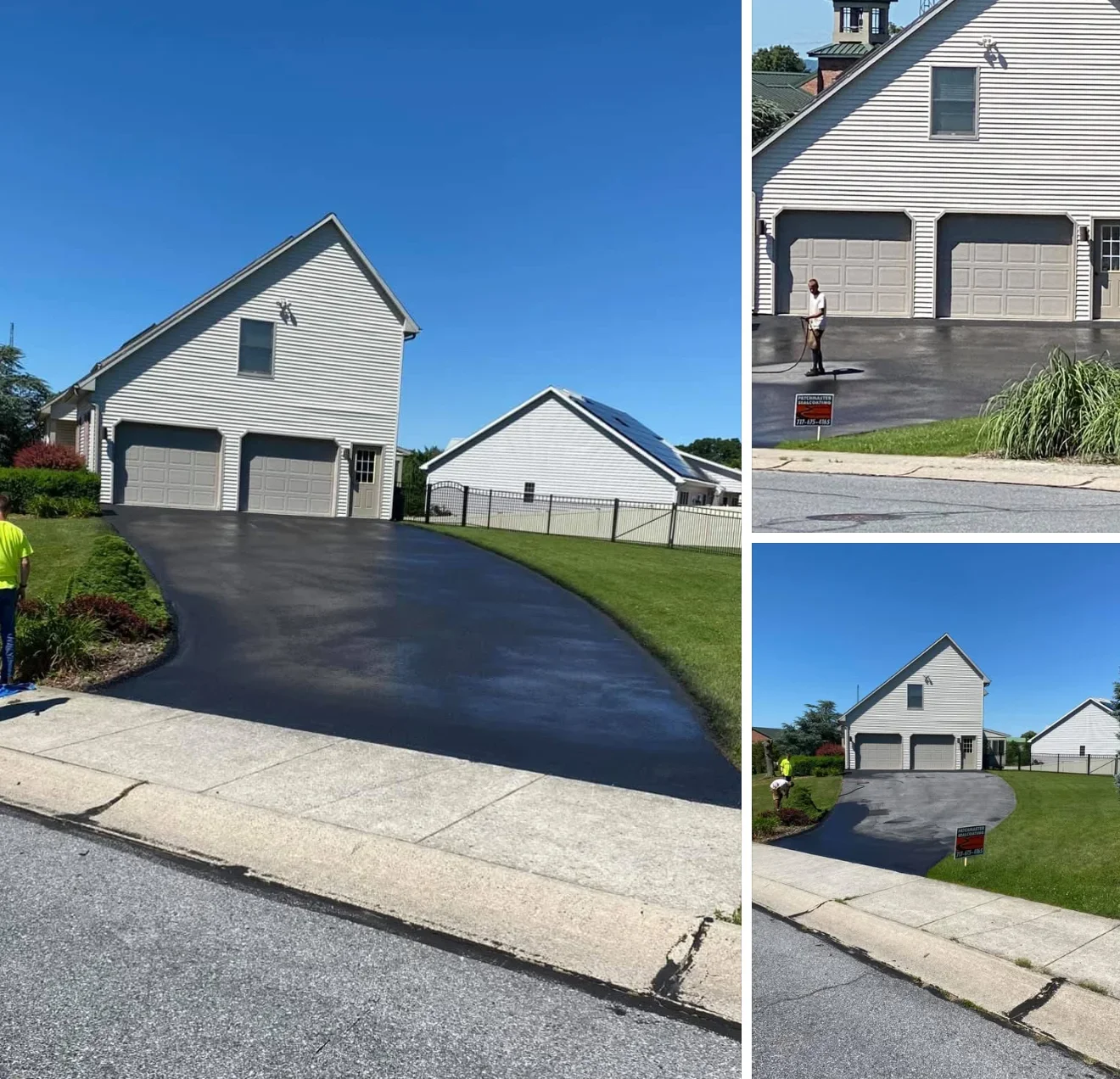 Newly seal-coated residential asphalt driveway with dark finish and clean edges