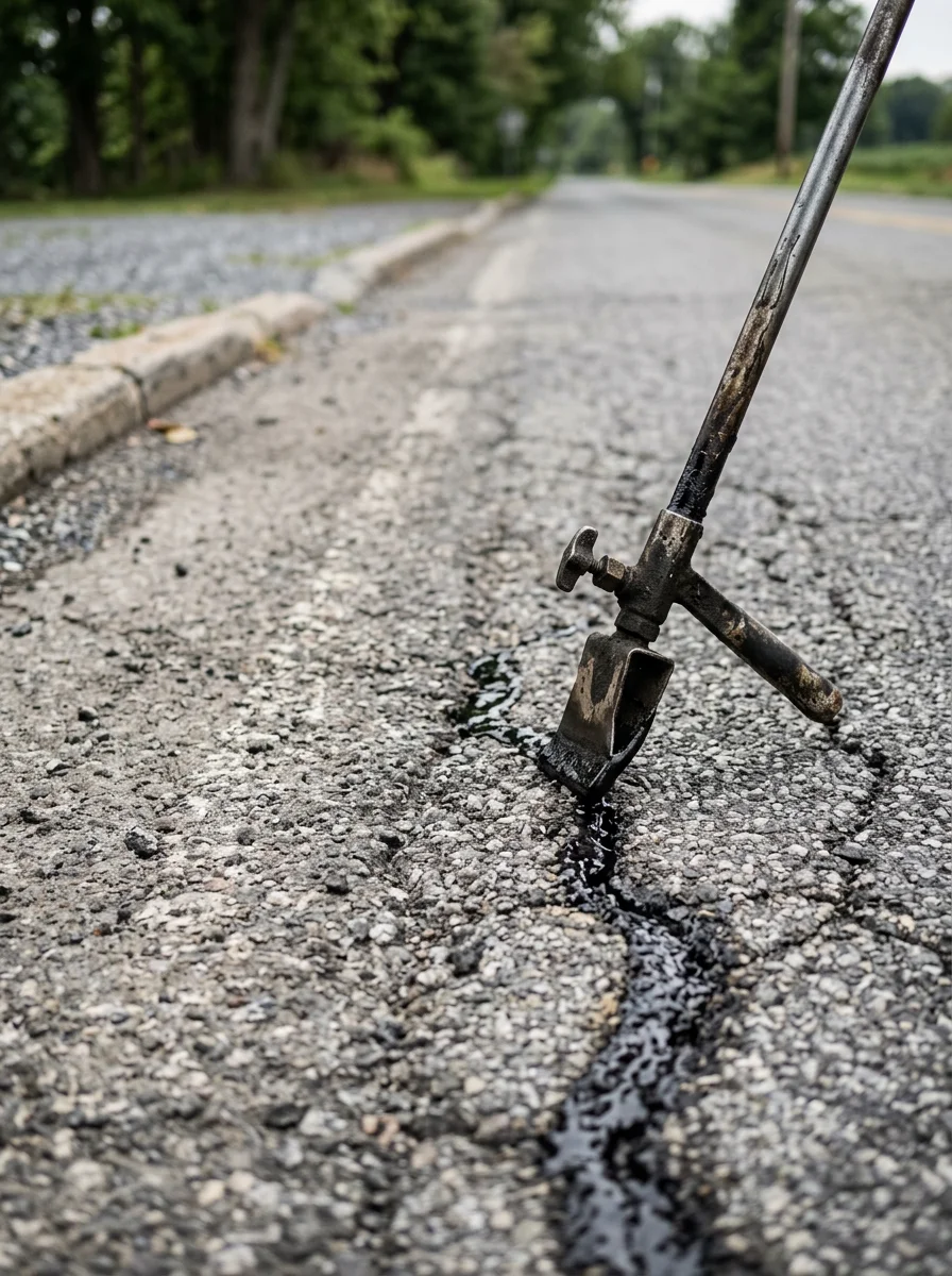Close-up of hot tar crack repair being applied to a weathered asphalt surface in central Pennsylvania before seal coating.