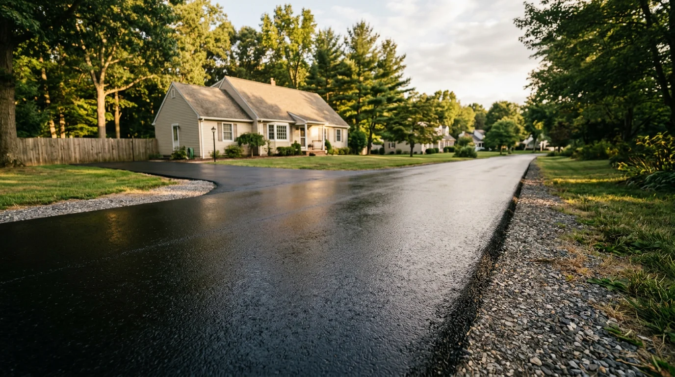 Freshly seal-coated asphalt driveway in a Pennsylvania residential neighborhood with crisp dark surface and no visible cracking.