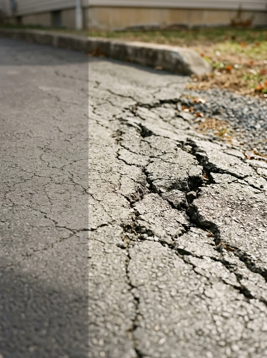 Cracked and oxidized asphalt surface in a Lebanon County residential area showing freeze-thaw damage before repair.