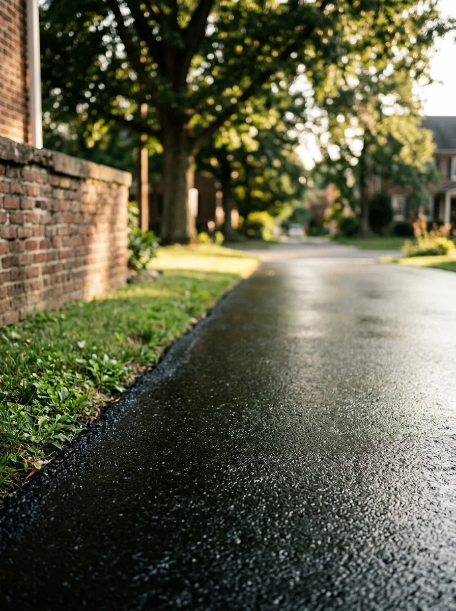 Close-up of a freshly seal-coated driveway surface in a Palmyra Pennsylvania neighborhood with no visible cracking or oxidation.