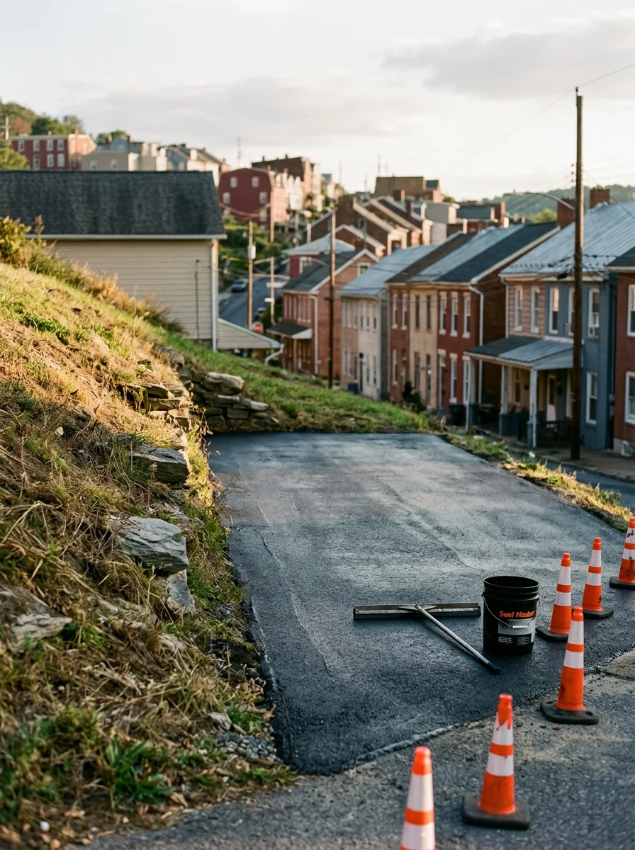 Seal coating being applied to a hillside driveway in Pottsville Pennsylvania with the city's elevated terrain visible in the background.