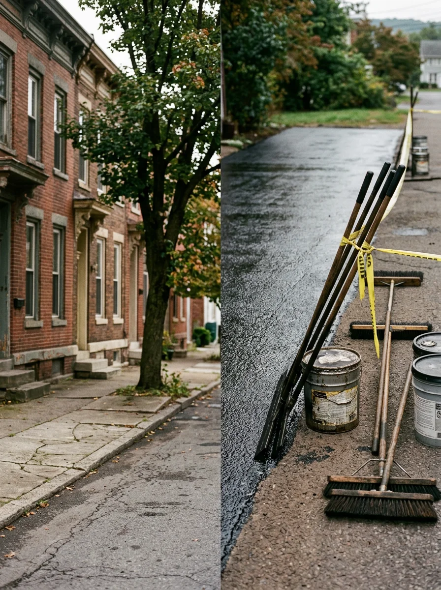 Seal coating crew applying oil-base sealer to a residential asphalt surface in a Coal Region Pennsylvania neighborhood.