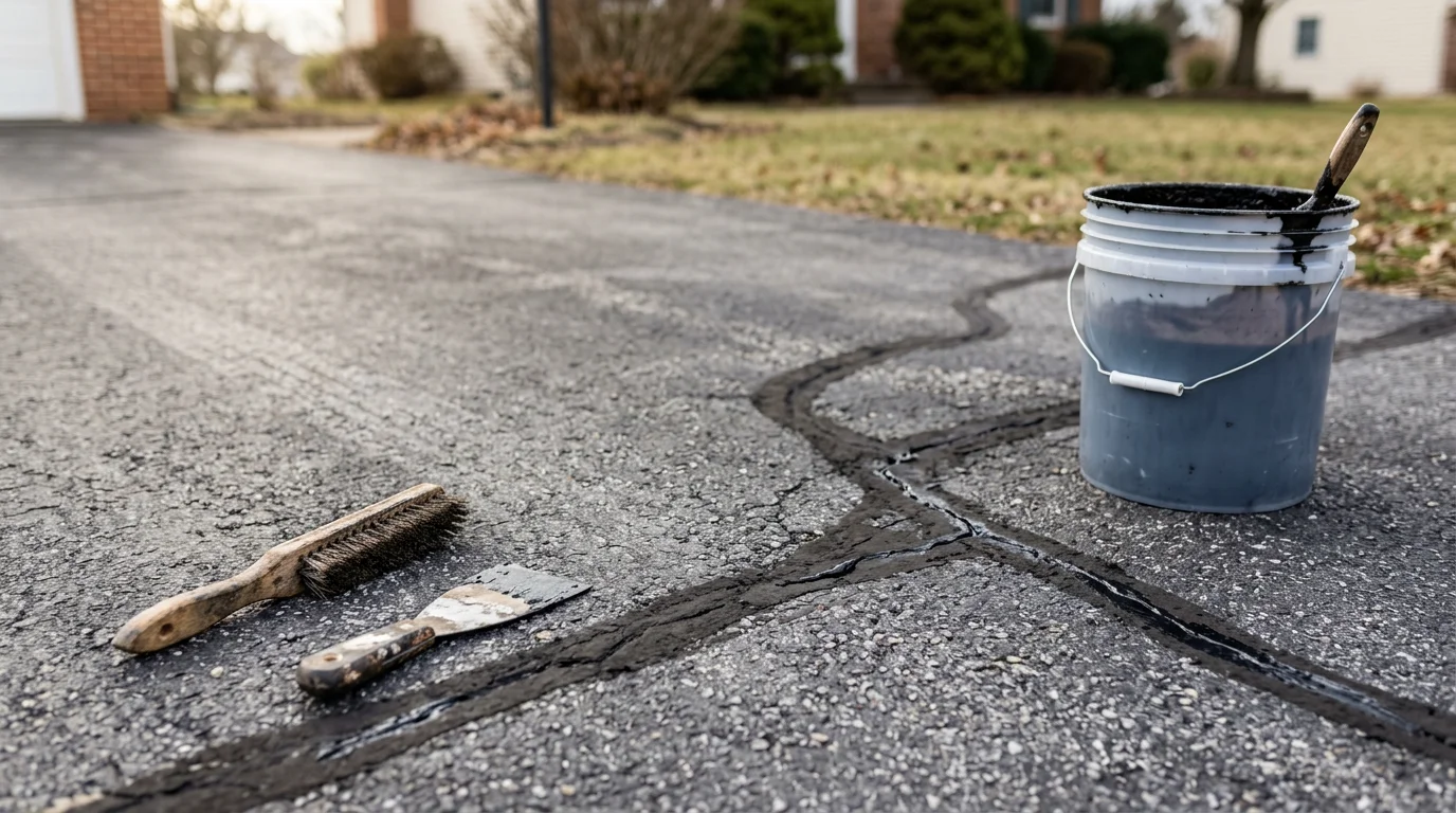 A freshly repaired asphalt driveway in Lebanon County, Pennsylvania, showing sealed cracks with a clean, uniform surface. Close-up view of filled asphalt cracks on a residential property after professional crack repair service.