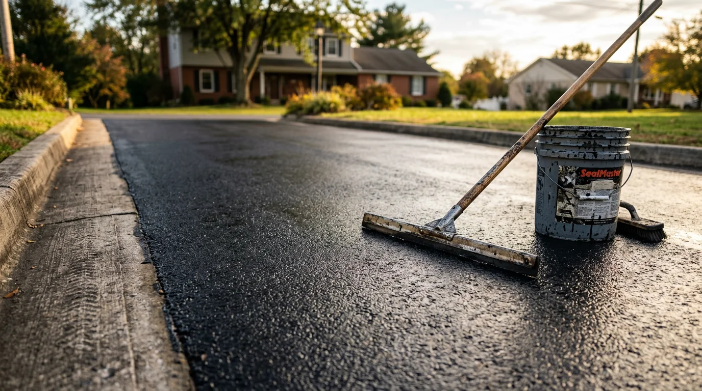 A freshly seal coated residential asphalt driveway in Lebanon County, Pennsylvania, showing a uniform dark surface with clean edges. The sealed pavement contrasts with the surrounding lawn on a clear day.