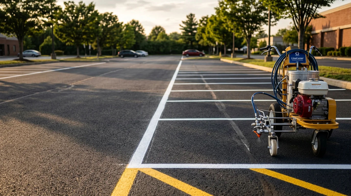 Freshly applied commercial lot marking on an asphalt parking lot in Lebanon County, Pennsylvania, showing bright white stall lines, a crosswalk, and a clearly marked fire lane against dark sealcoated pavement.