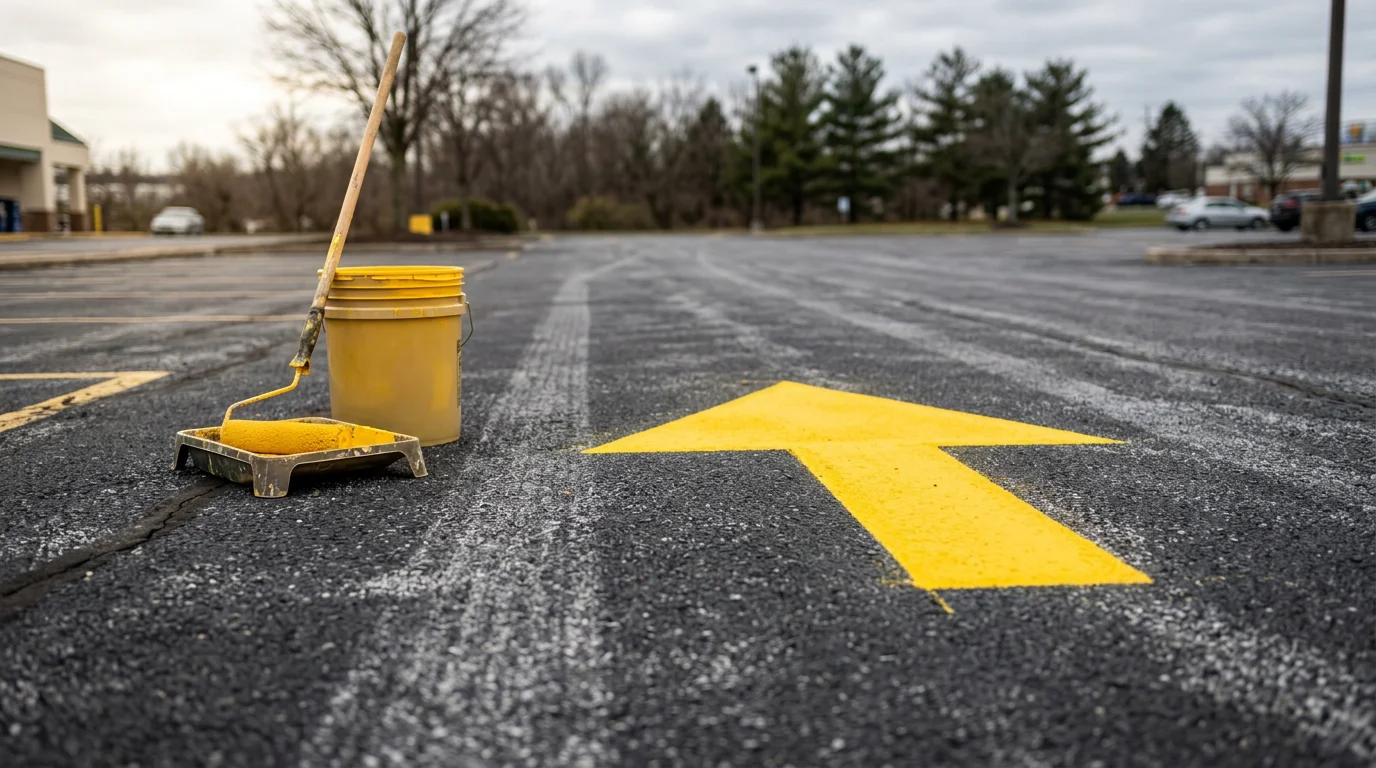 Freshly painted white directional arrow markings on a commercial asphalt parking lot in Lebanon County, Pennsylvania. The arrows are bold and clearly visible against the dark pavement surface, guiding traffic through a one-way aisle toward the lot exit.