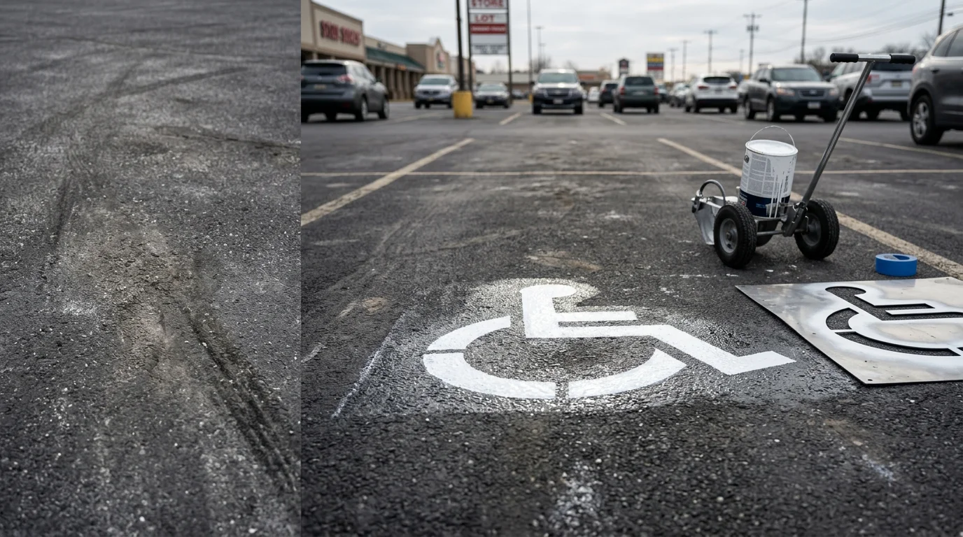 A freshly stenciled blue and white International Symbol of Accessibility painted on a sealed asphalt parking space in a commercial lot in Lebanon County, Pennsylvania. The symbol is crisp and centered within the accessible parking stall with a clearly marked access aisle alongside it.