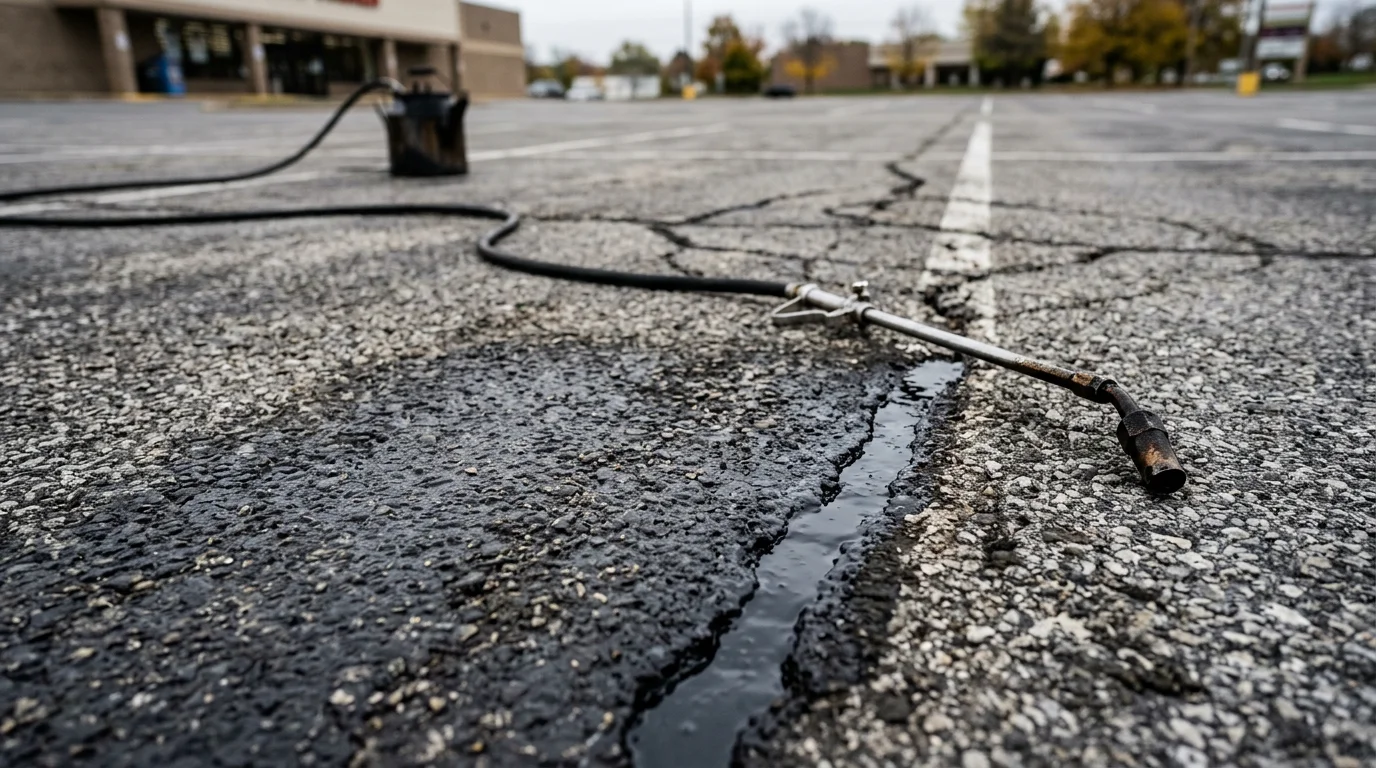 A freshly filled asphalt driveway crack in Lebanon County, Pennsylvania, showing dark hot tar sealant flush with the surrounding pavement surface. The repair runs along a residential driveway with no open gaps remaining.