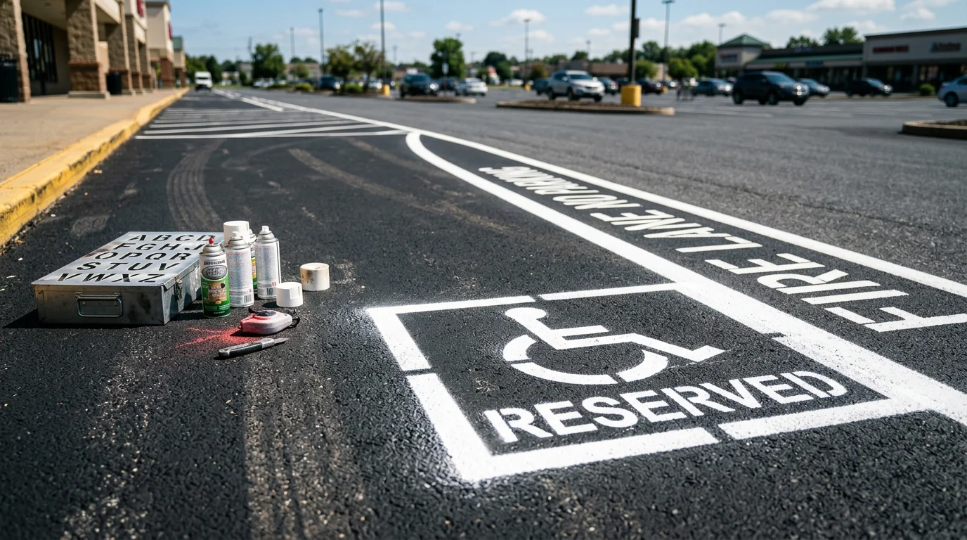 Freshly stenciled fire lane and no-parking markings on a commercial parking lot surface in Lebanon County, Pennsylvania. Bold black text on dark asphalt shows clear pavement markings applied by Patch Masters Seal Coating.