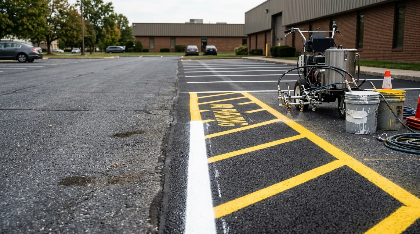 Freshly painted white parking lot stall lines on a dark asphalt surface at a commercial property in Lebanon County, Pennsylvania. Crisp lane markings extend across the lot under clear daylight conditions.