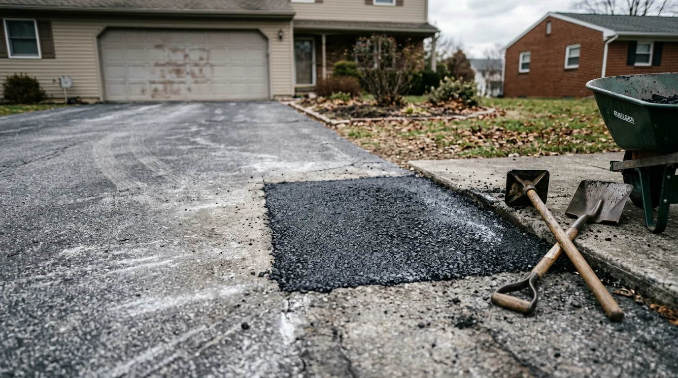 A freshly patched asphalt pothole on a residential driveway in Lebanon County, Pennsylvania, showing a smooth, level repair surface flush with the surrounding pavement. The completed patch eliminates the open hole and restores a safe, even driving surface.